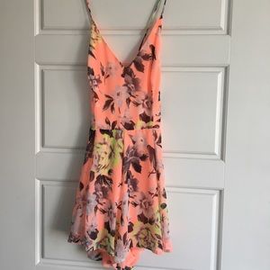 Lush Neon Floral Romper (S) in bright coral